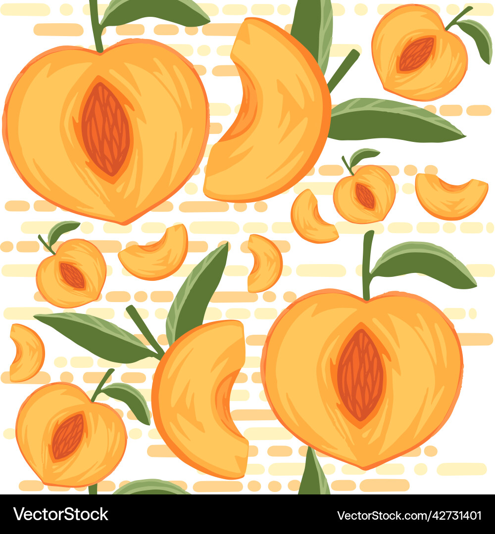 Seamless pattern of peach halved and sliced vector image