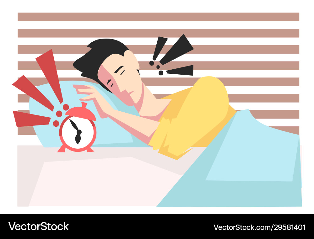 Waking up with alarm clock man stressing in bed Vector Image