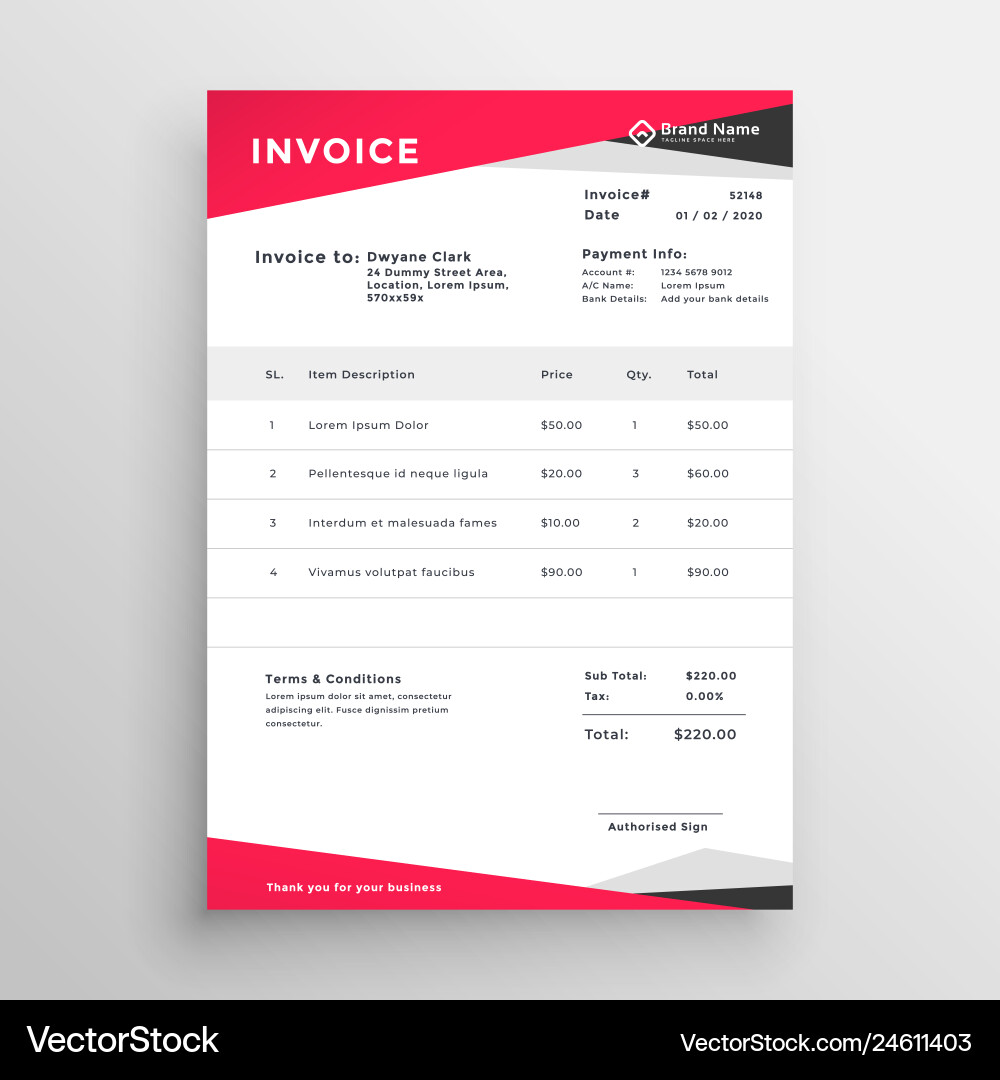 Elegant red invoice template design Royalty Free Vector