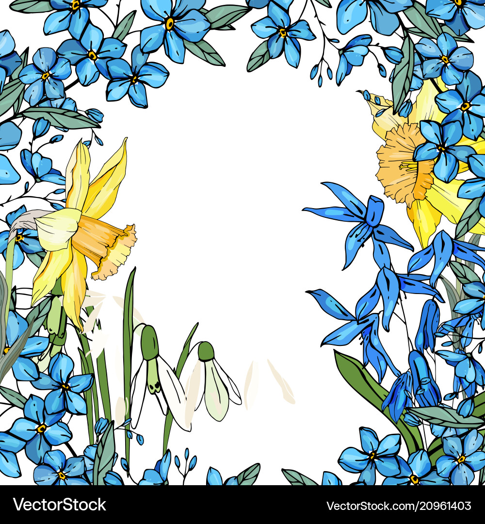 Frame with spring flowers daffodils and small Frame with spring flowers daffodils and small vector image