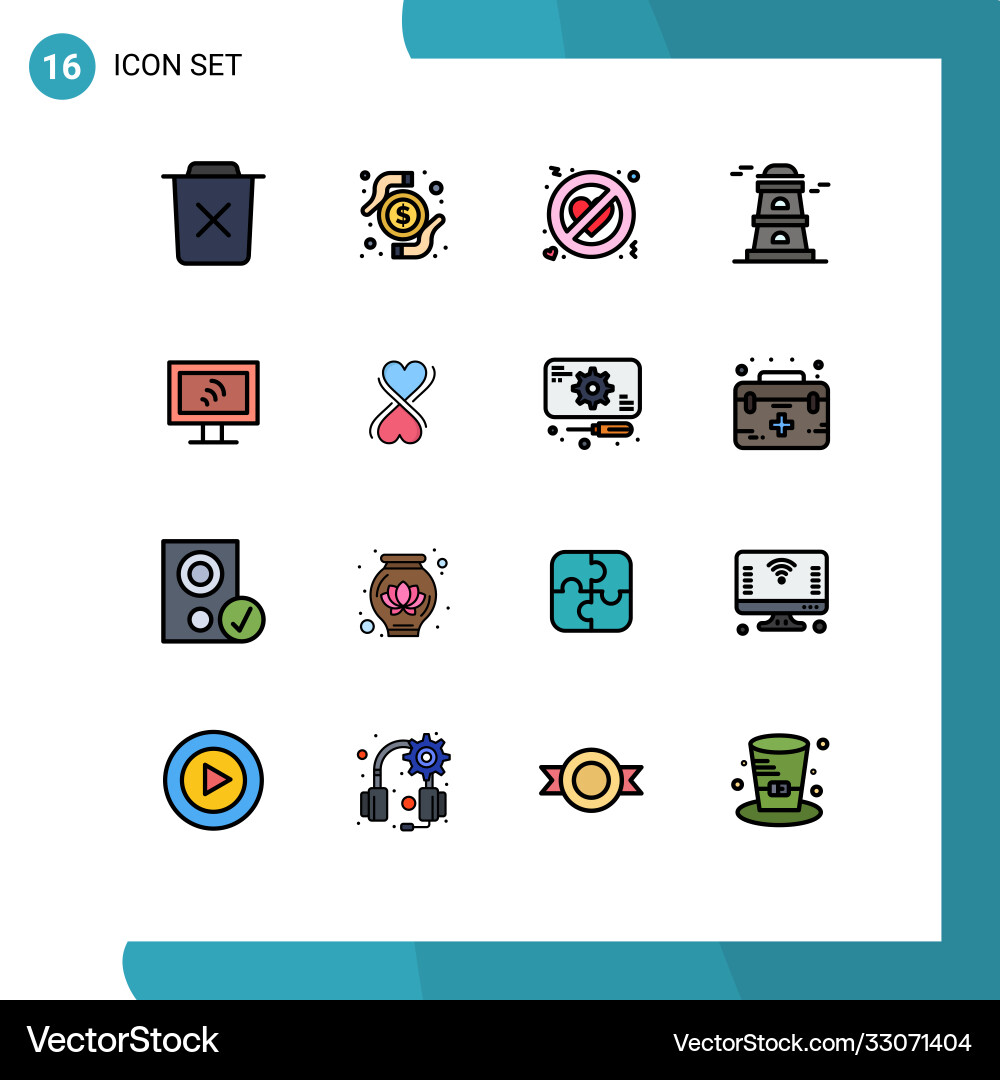16 universal flat color filled lines set for web vector image