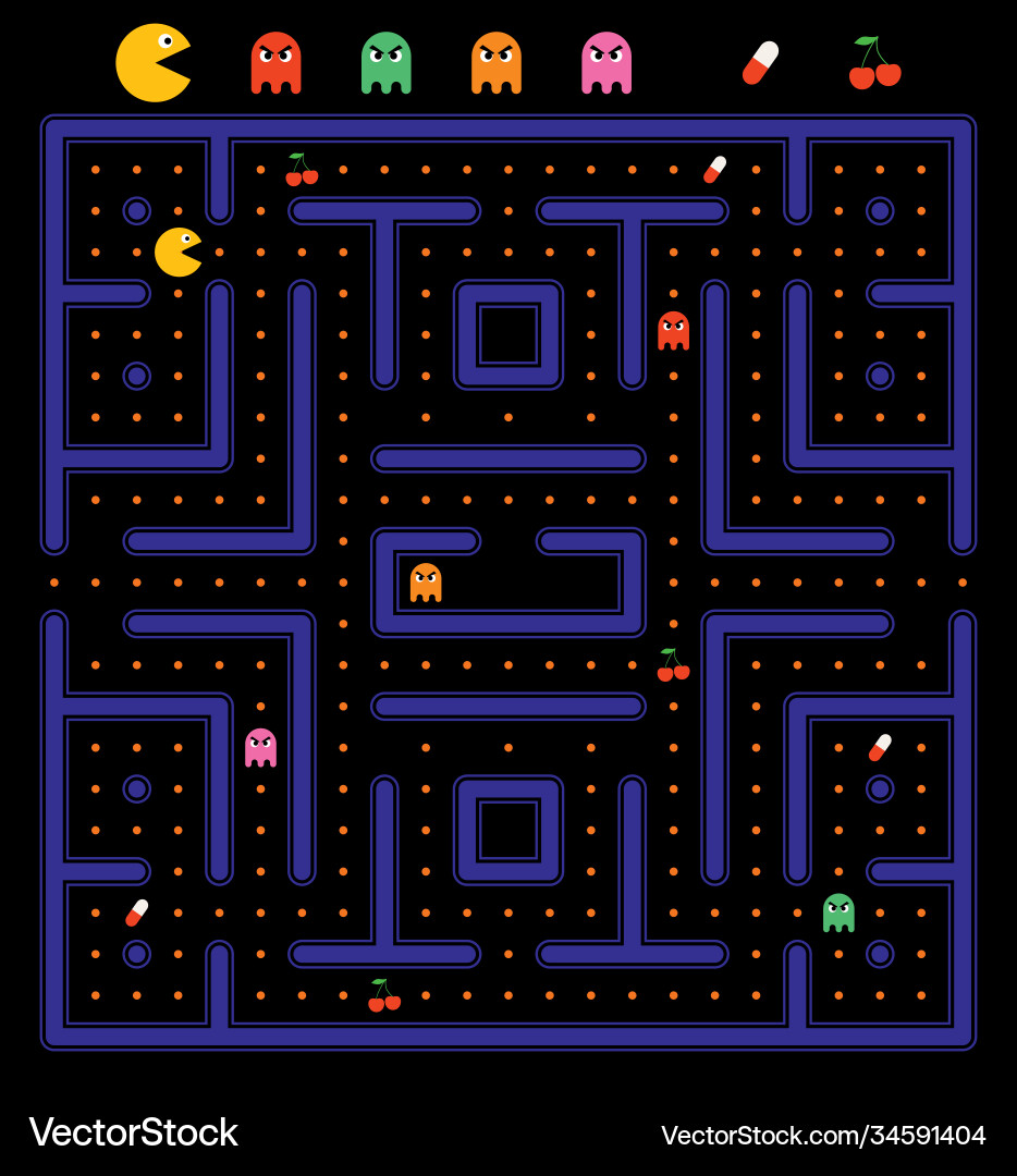 Pac-Man Arcade Game with Ghosts Royalty Free Vector Image