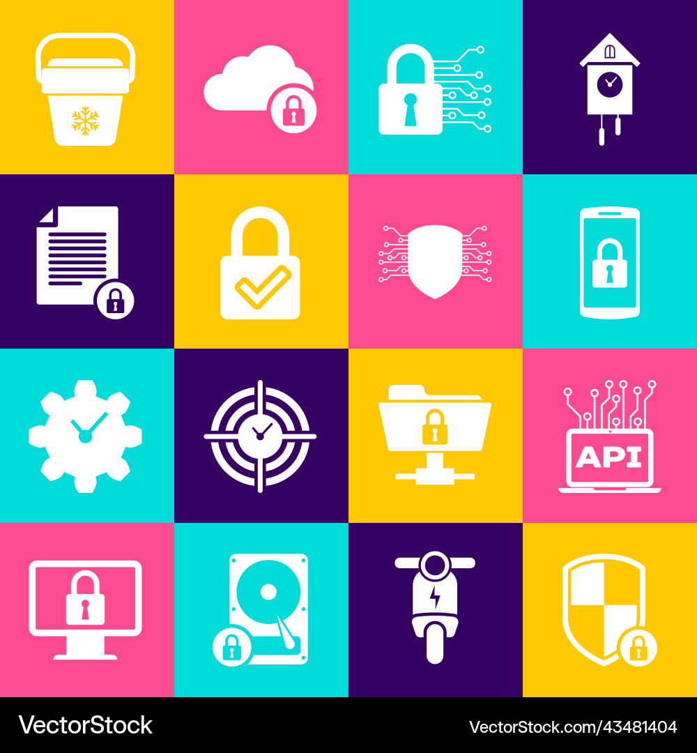 Set shield security with lock computer api Set shield security with lock computer api vector image