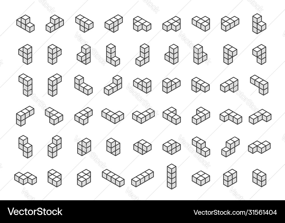Tetromino blocks in isometry icon set thin vector image