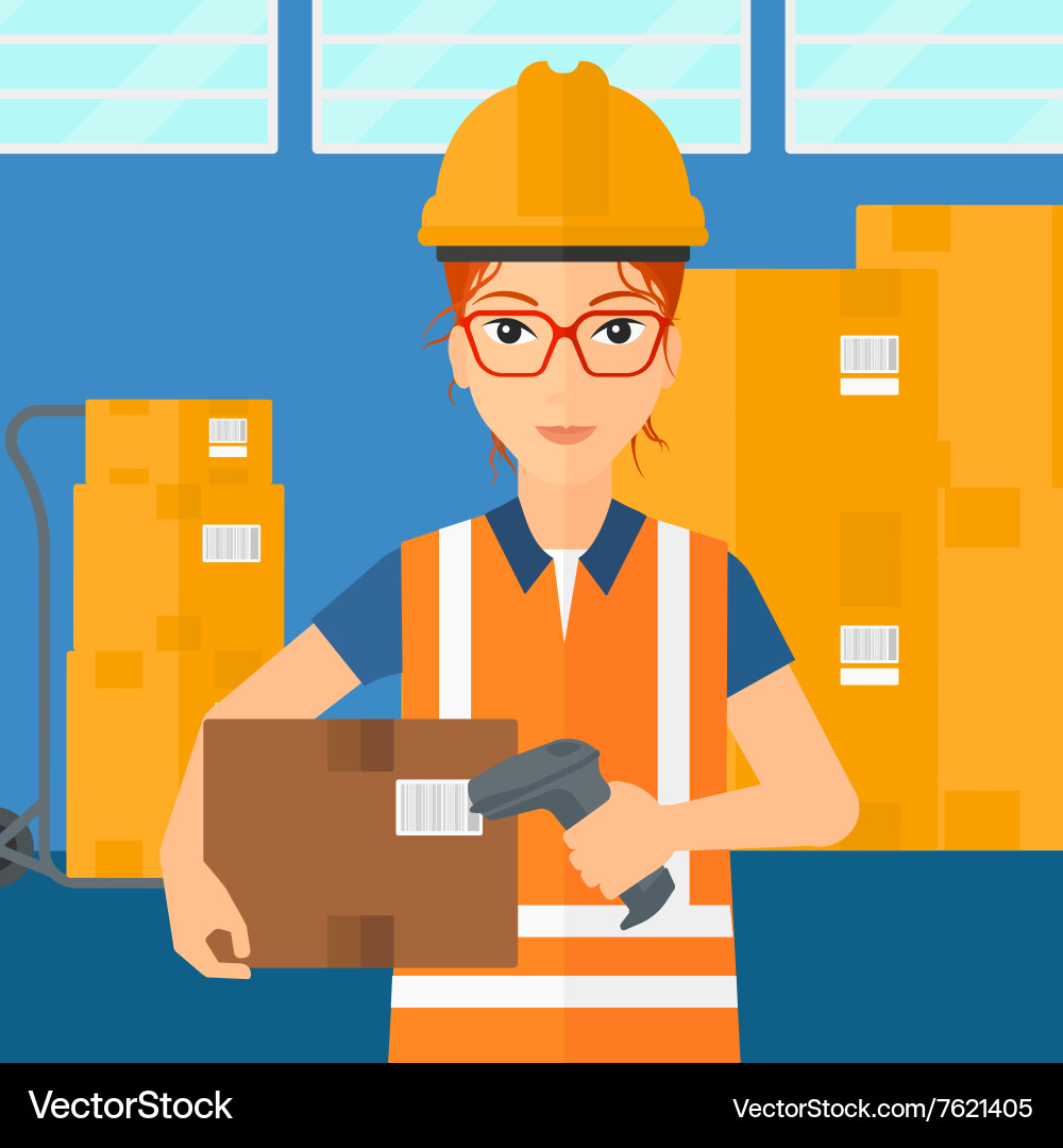 Worker checking barcode on box Vector Image