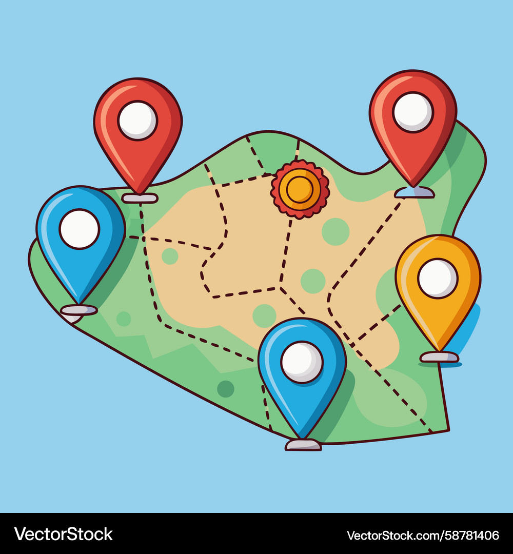 A flat design map with multiple location markers Vector Image
