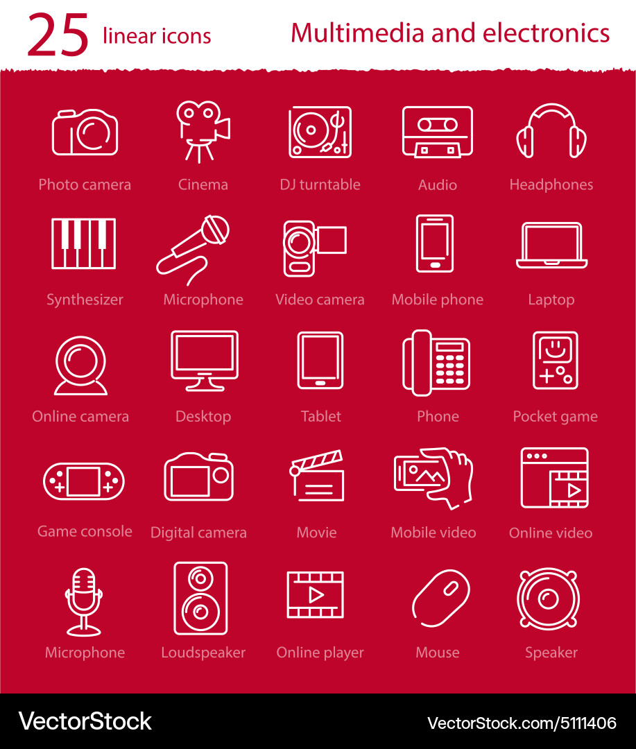 Thin line multimedia and electronics icons set vector image