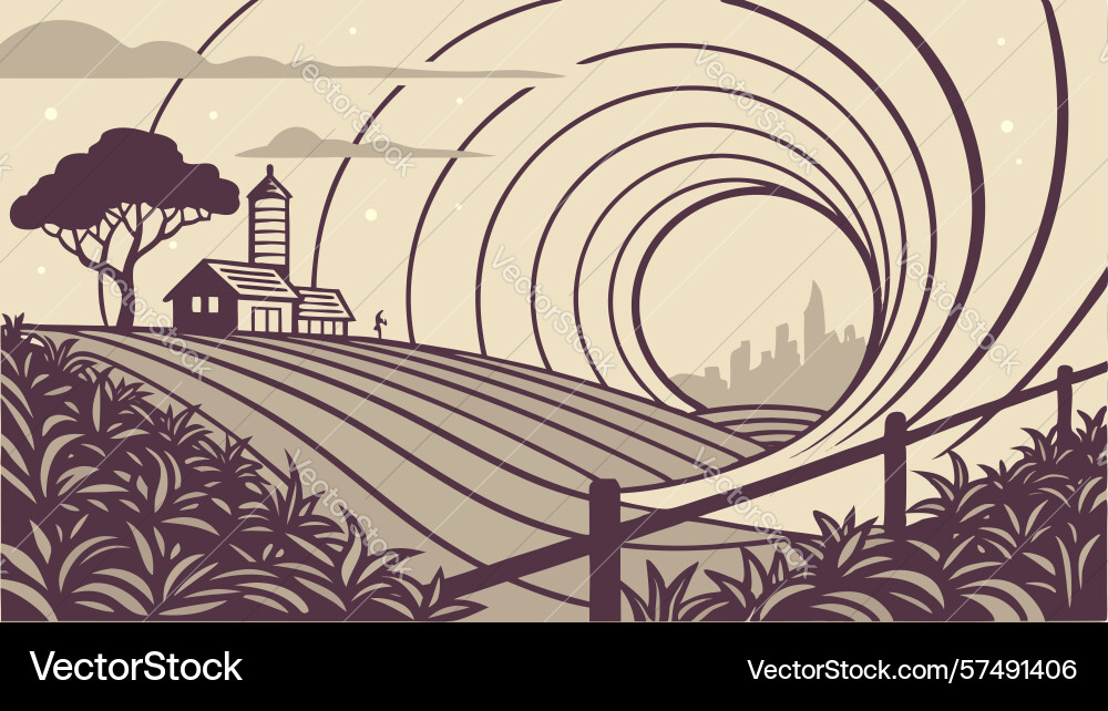 Winding road through fields with abstract vector image