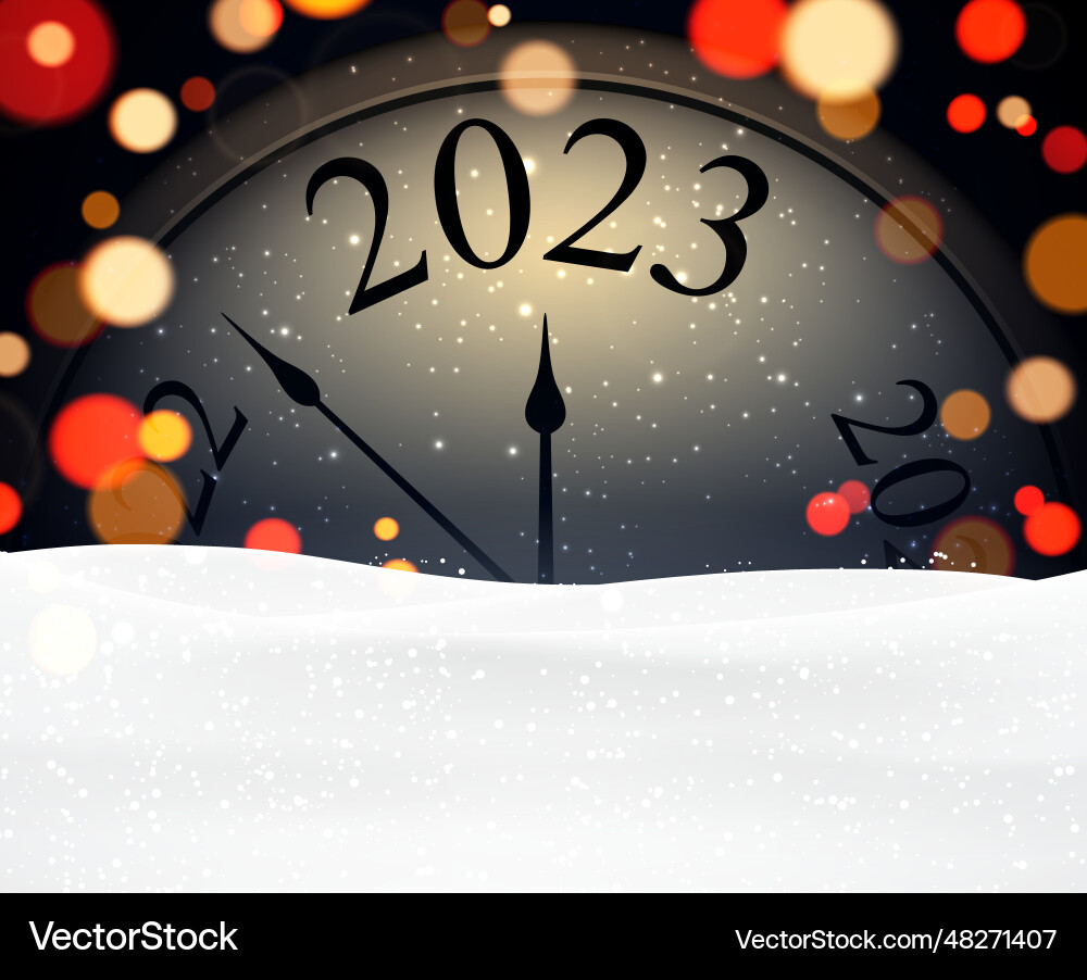 Clock showing 2023 with bokeh lights and snowdrift Clock showing 2023 with bokeh lights and snowdrift vector image