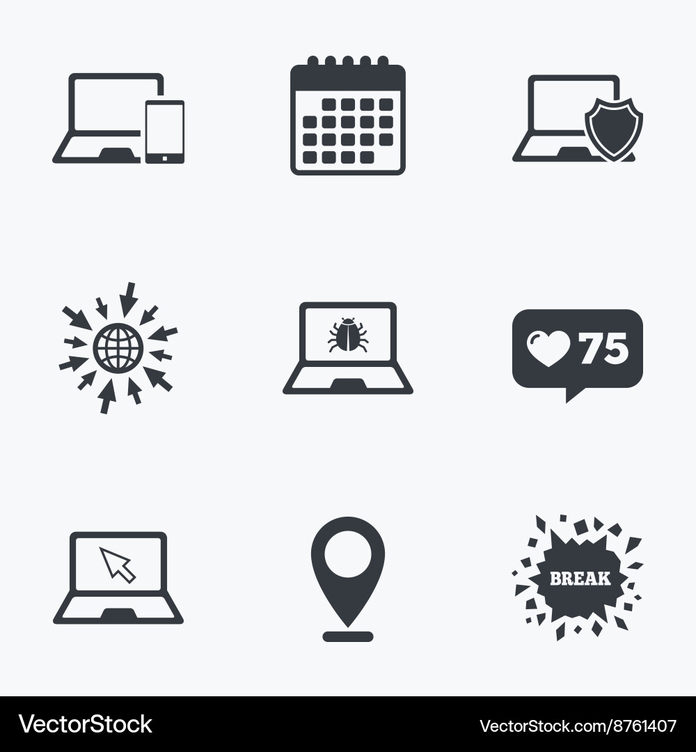 Notebook laptop pc icons virus or software bug vector image