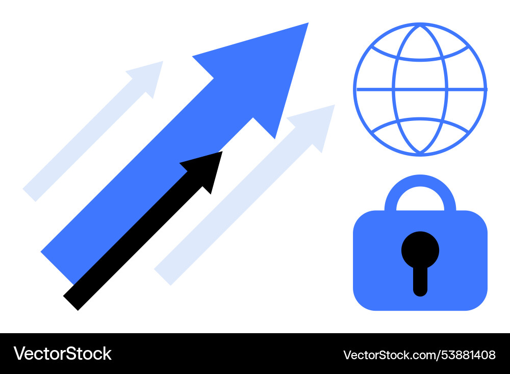 Blue arrows showing progress with globe and lock Blue arrows showing progress with globe and lock vector image