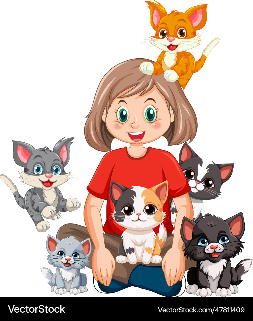 A girl with her cats in cartoon style vector image