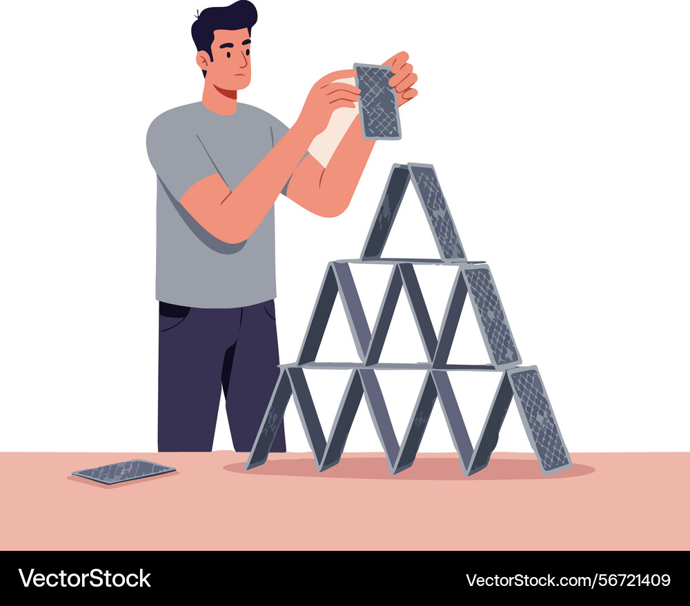 Man building pyramid structure with playing cards Man building pyramid structure with playing cards vector image