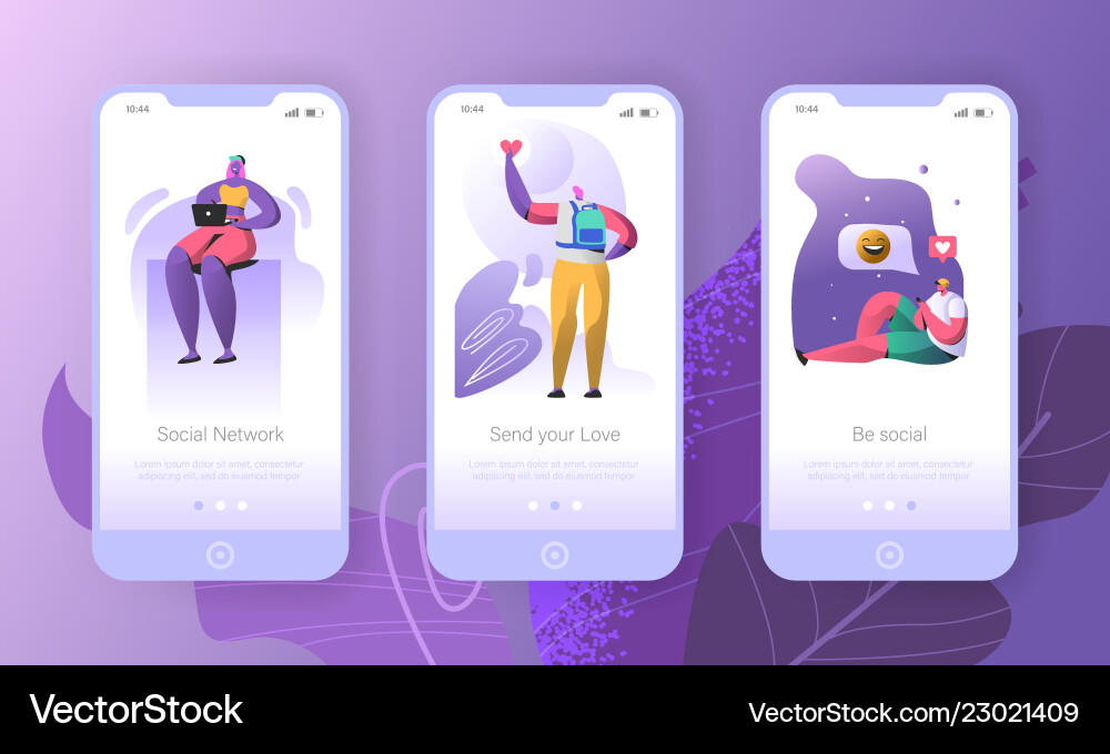 Social media onboarding mobile app screens Social media onboarding mobile app screens vector image