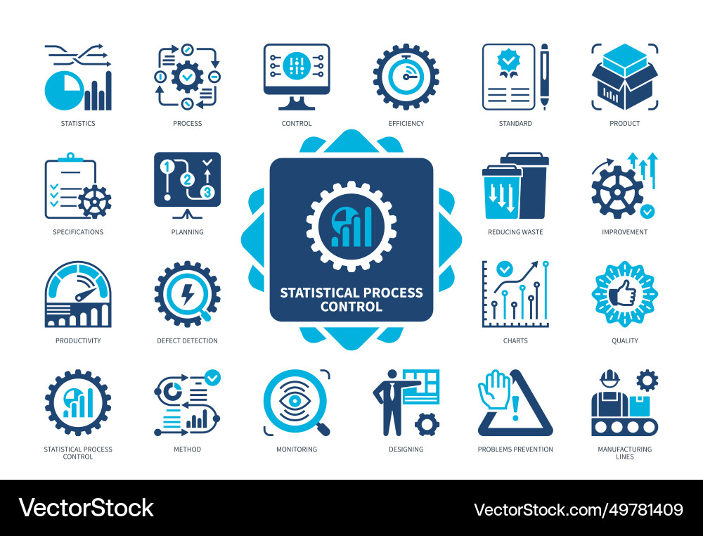 Statistical process control solid icon set Statistical process control solid icon set vector image
