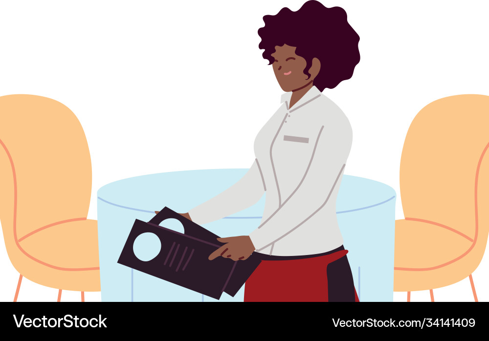 Waitress with uniform and menu in hand Waitress with uniform and menu in hand Vector Image