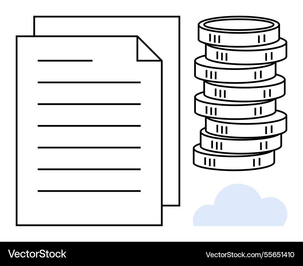 Document with stacked coins and cloud symbolizing Document with stacked coins and cloud symbolizing Vector Image