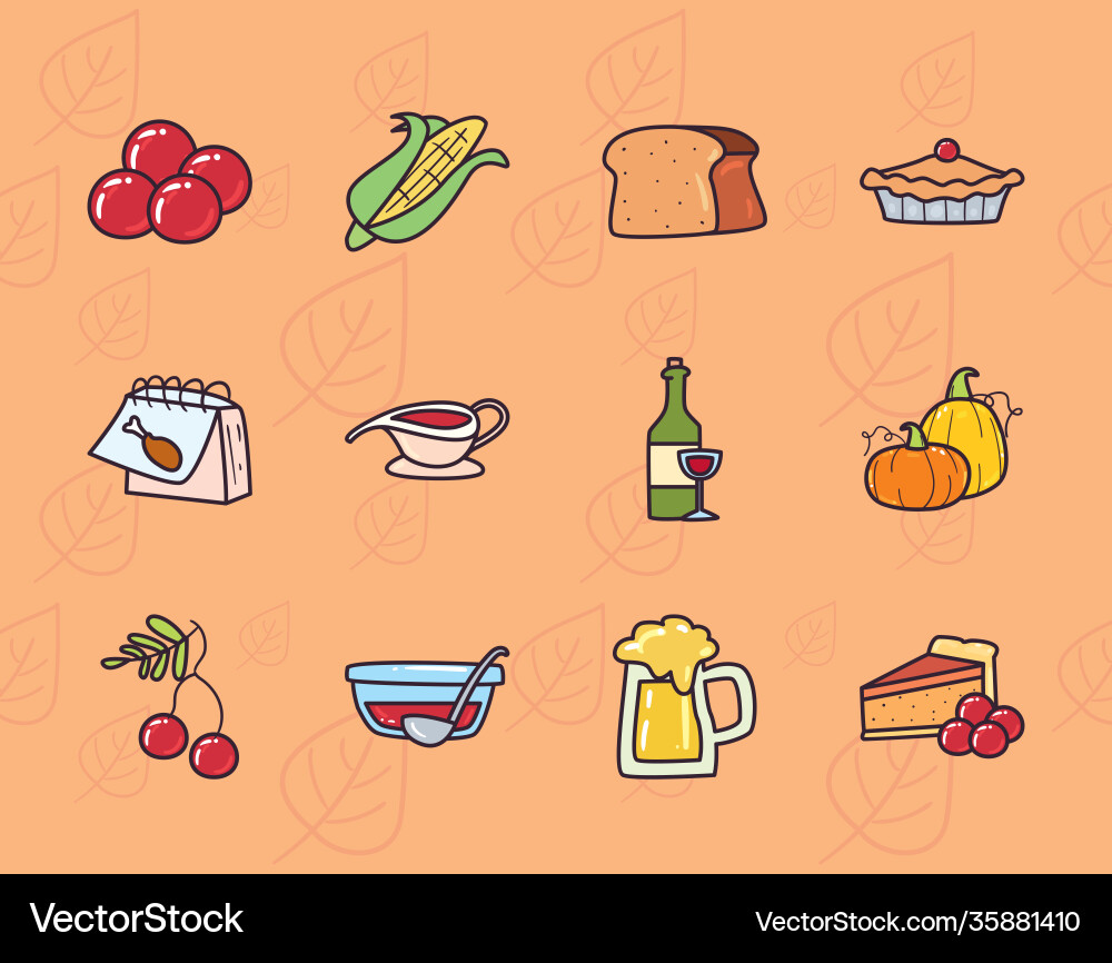 Happy thanksgiving day line and fill style set Vector Image