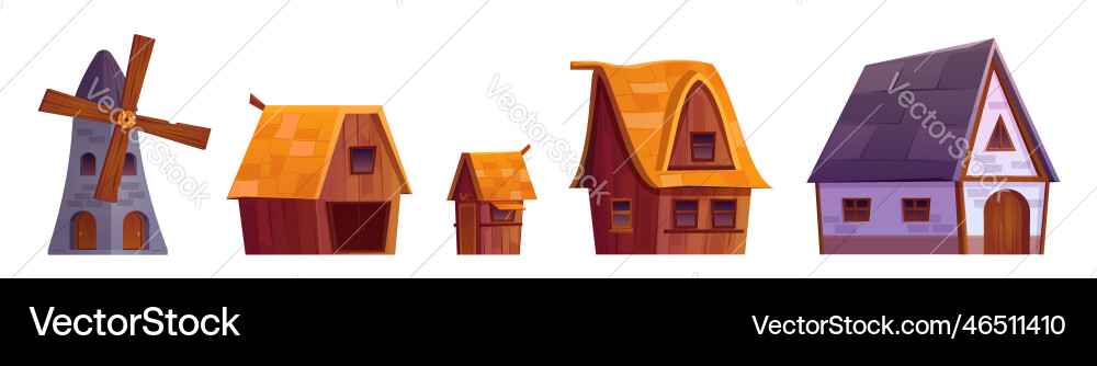 Isolated medieval village house barn and mill set Isolated medieval village house barn and mill set vector image