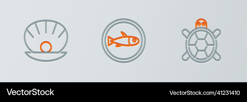 Set line turtle shell with pearl and served fish Vector Image