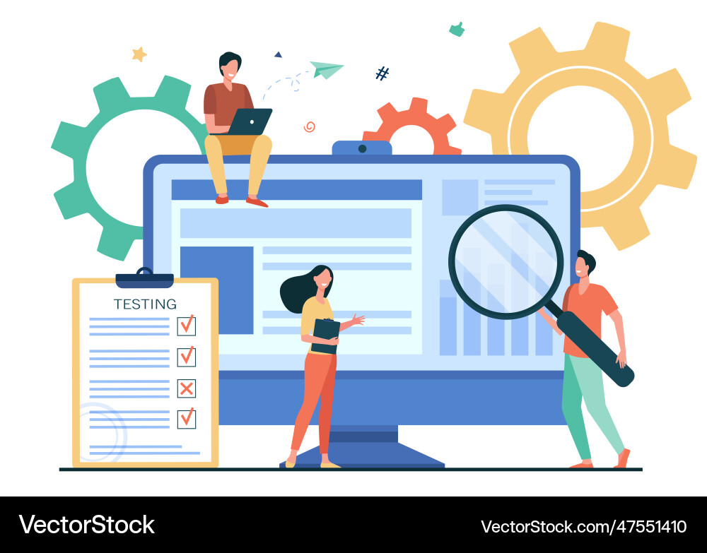 Tiny people testing quality assurance in software Tiny people testing quality assurance in software vector image