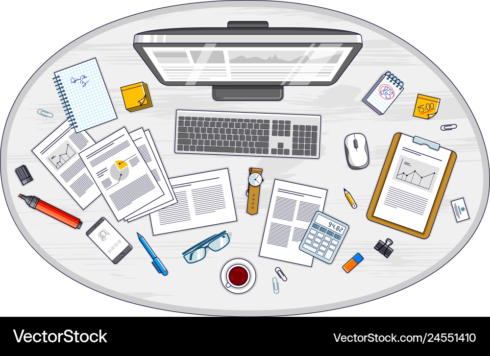 Work desk workspace top view with pc computer Work desk workspace top view with pc computer vector image