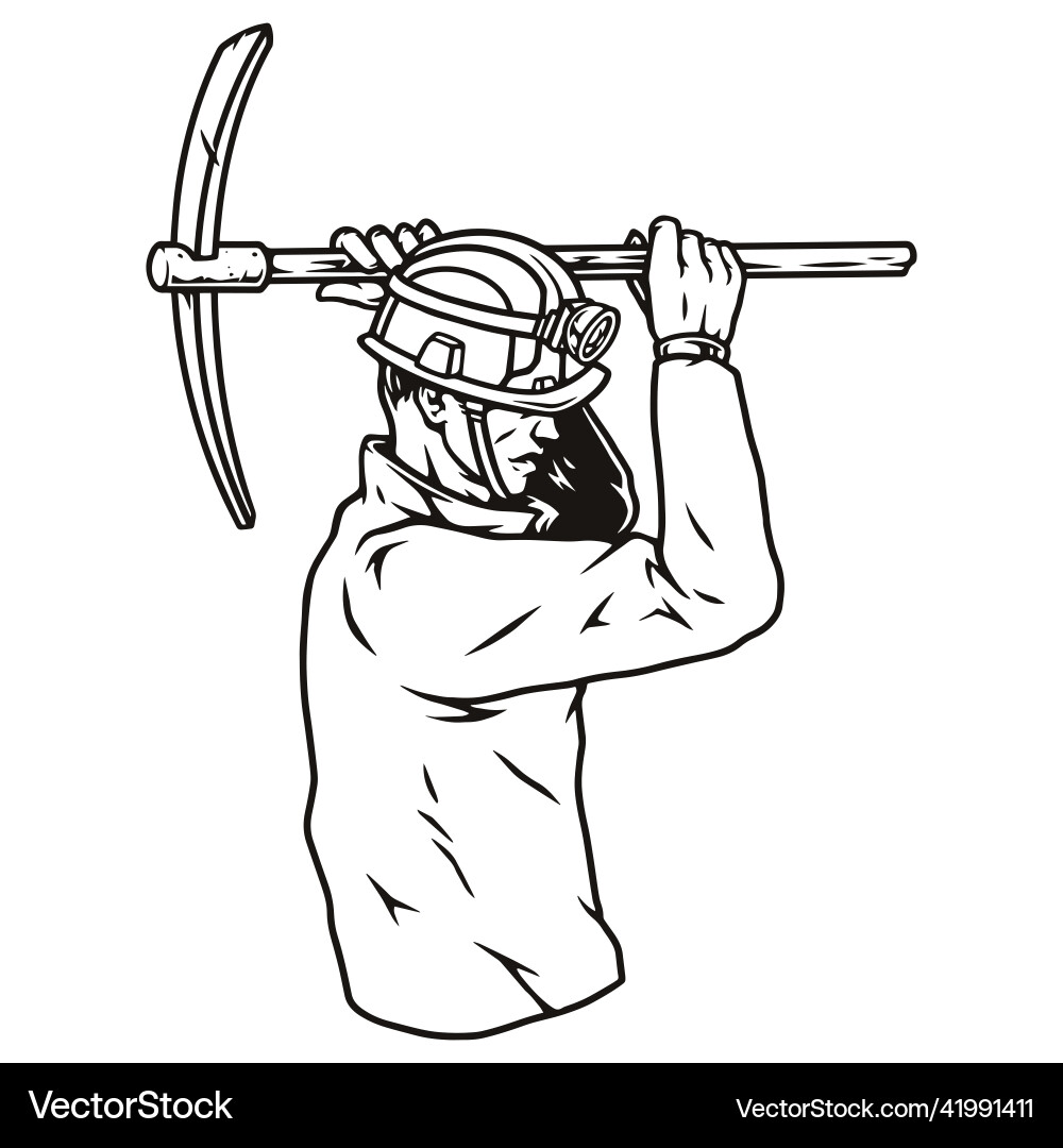 Coal miner in helmet using pickaxe Coal miner in helmet using pickaxe vector image