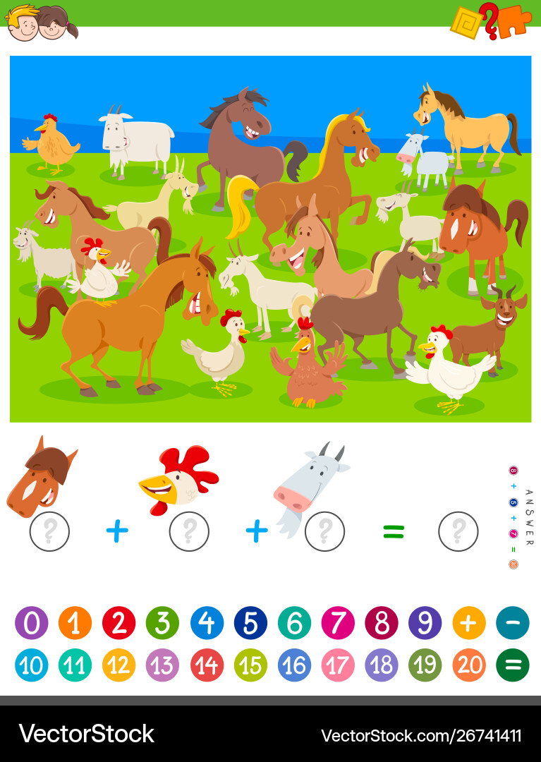 Counting and adding game with cartoon farm animals Counting and adding game with cartoon farm animals vector image
