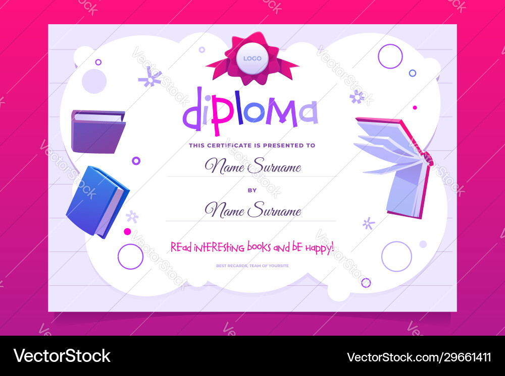 Kids Diploma with Cartoon Books Vector Image