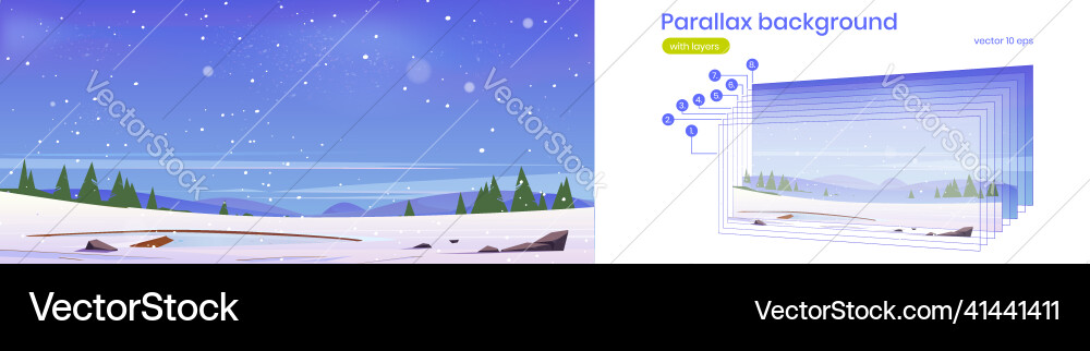 Parallax background with winter snowy landscape vector image