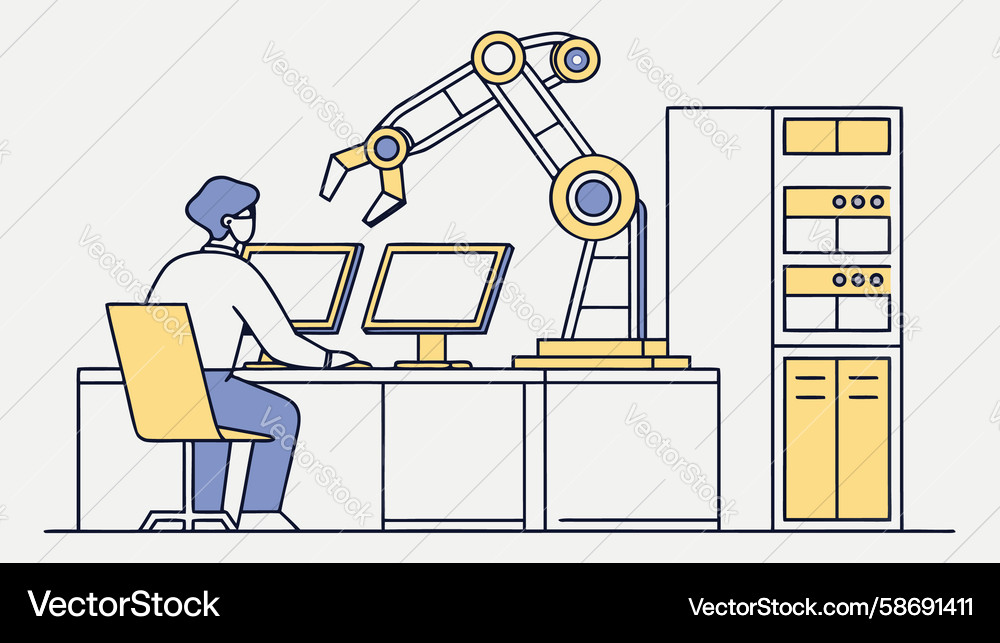 Person controlling robotic arm with computer Vector Image