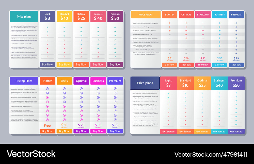 Price table comparison template with 5 columns Price table comparison template with 5 columns vector image