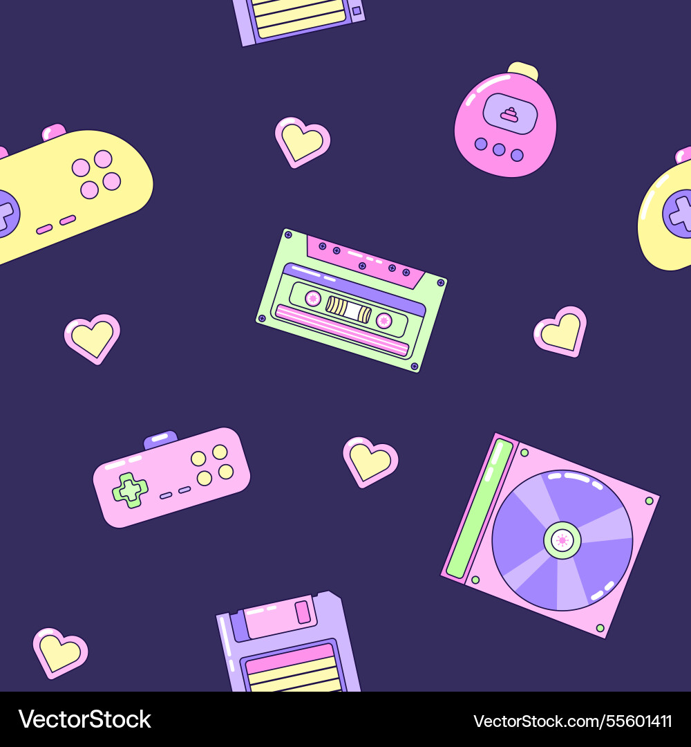 Seamless pattern with audio cassette and gamepad Seamless pattern with audio cassette and gamepad vector image