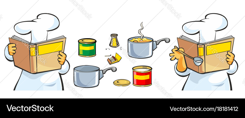 Chef preparing soup and reading recipe cookbook vector image