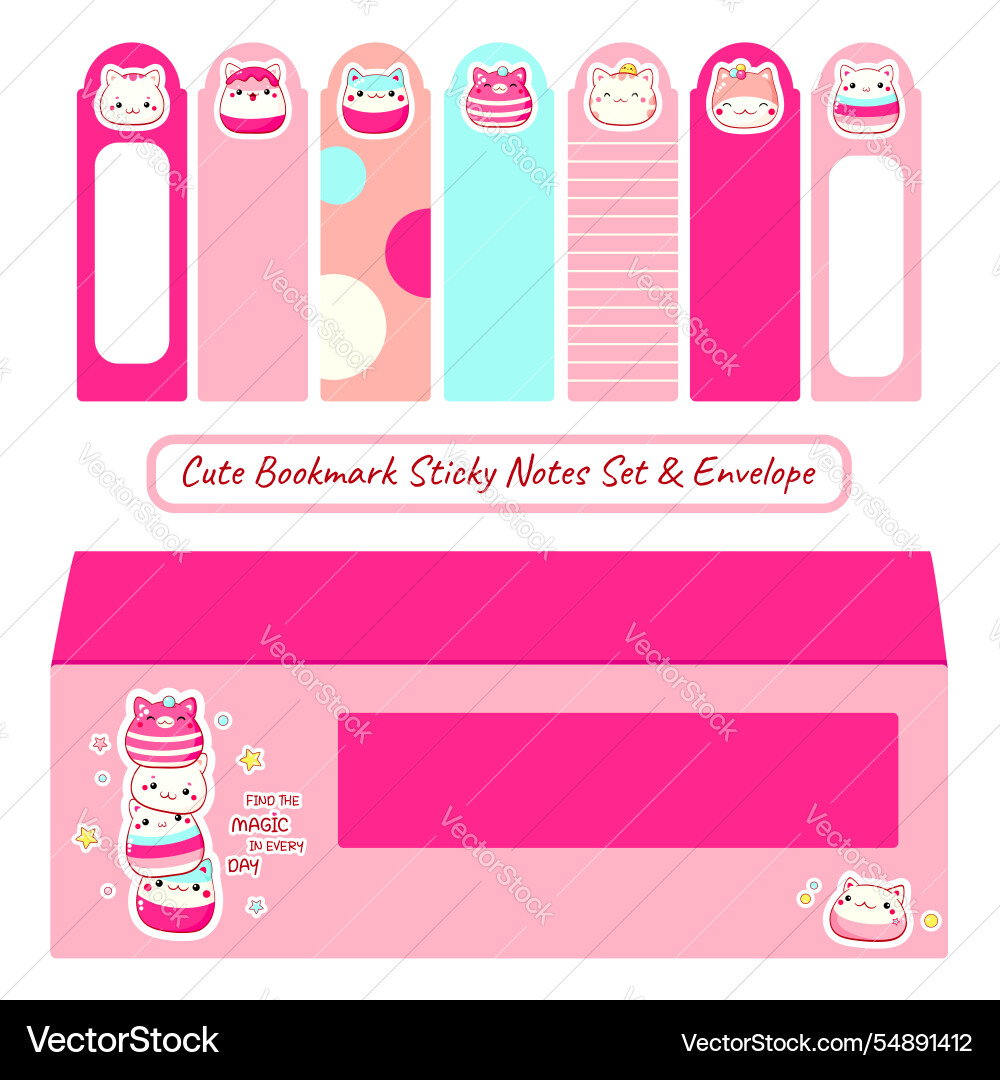 Cute bookmark sticky notes set and envelope Cute bookmark sticky notes set and envelope vector image