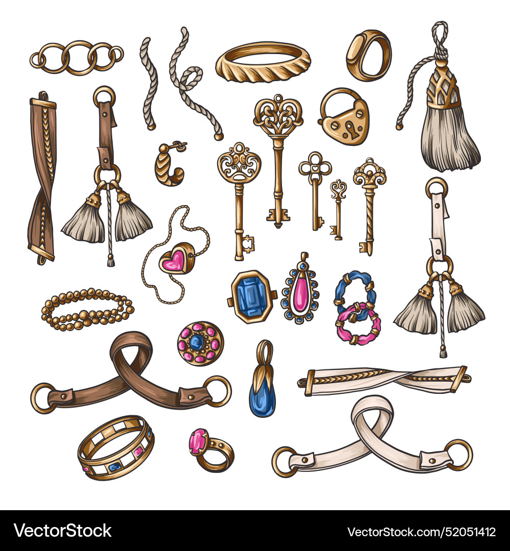 Golden vintage keys and jewelry isolated Golden vintage keys and jewelry isolated vector image