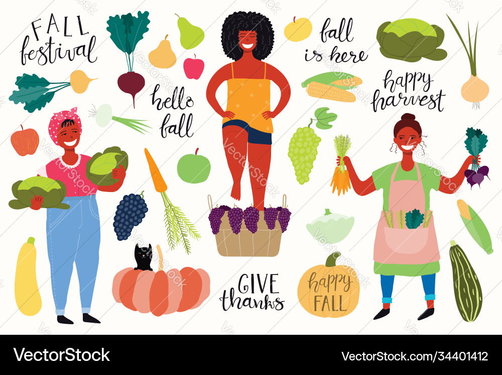 Harvest set with girls quotes fruits vegetables Harvest set with girls quotes fruits vegetables vector image
