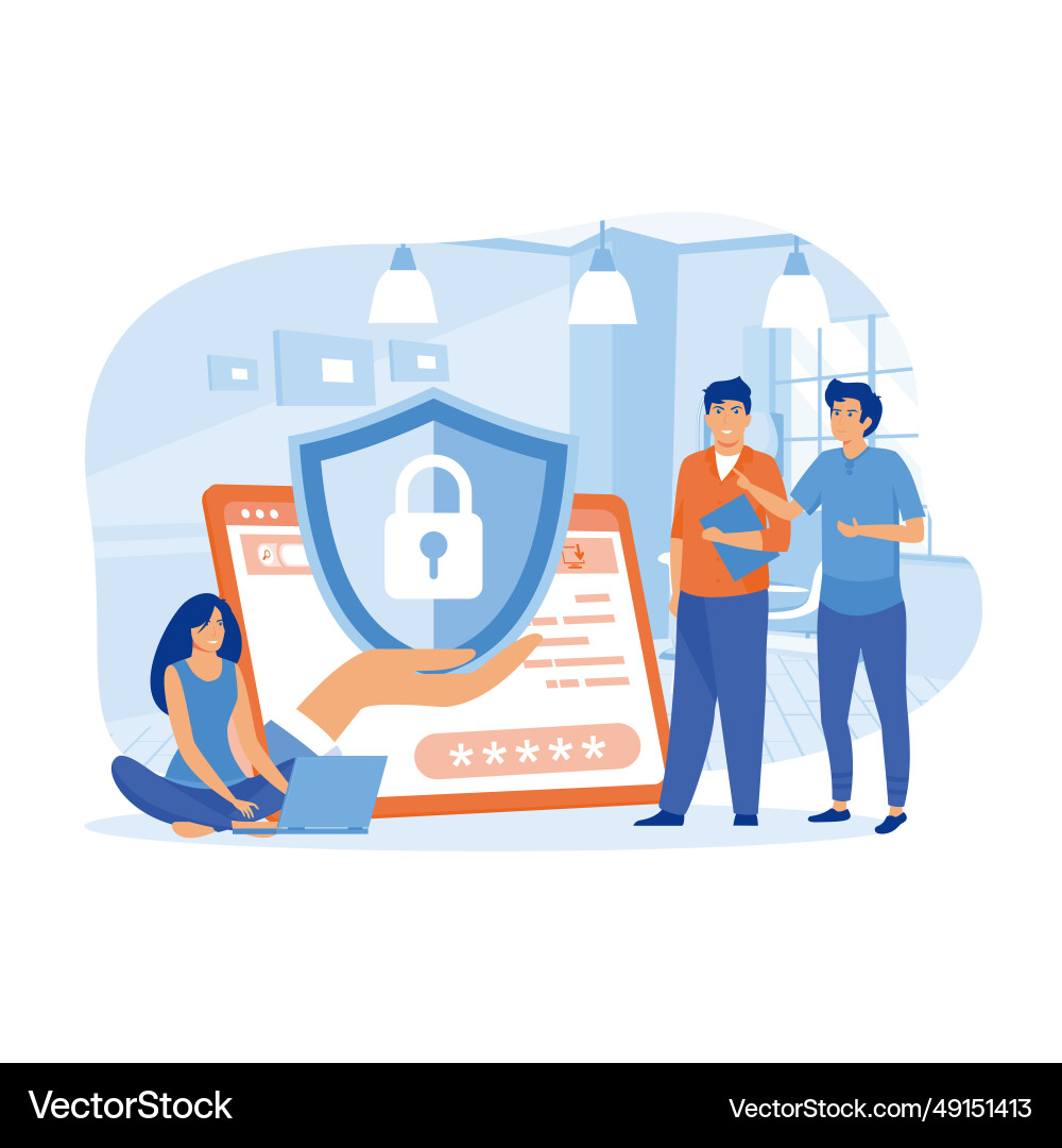 Data security people and computer with shield Data security people and computer with shield vector image