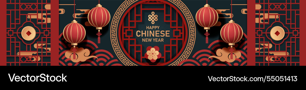 Happy chinese new year with lanterns and floral Happy chinese new year with lanterns and floral vector image