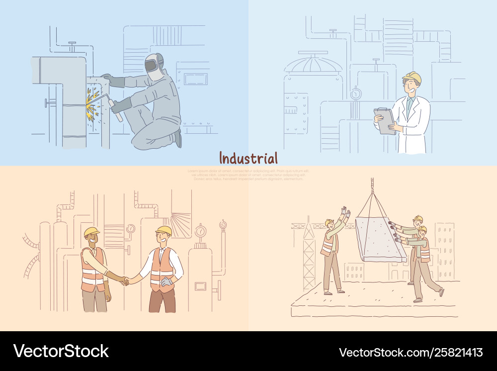 Man welding pipes in factory constructing Man welding pipes in factory constructing vector image