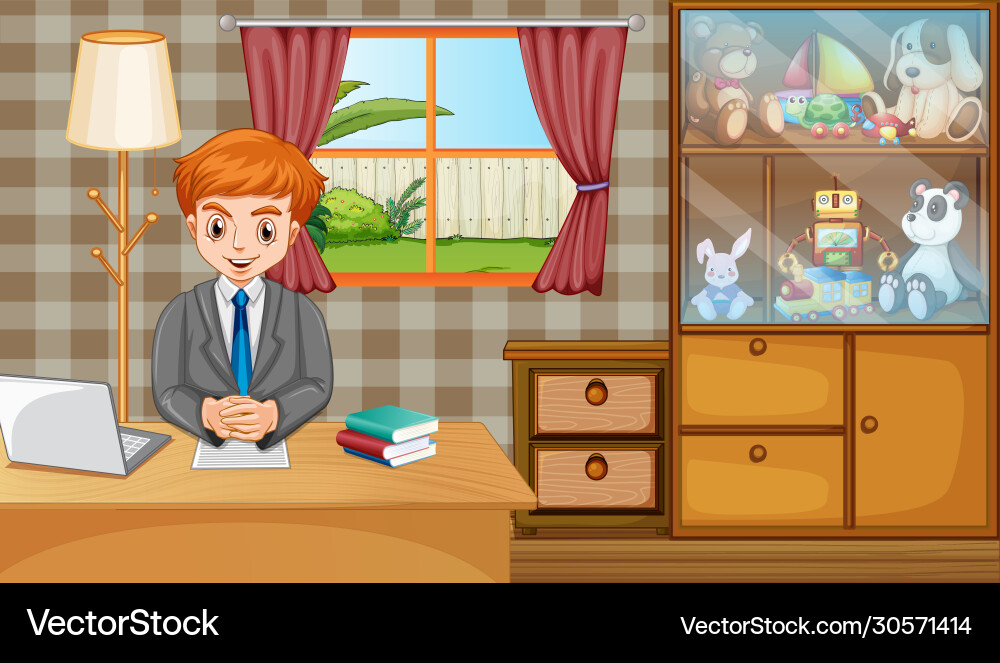 Scene with man working on computer at home Scene with man working on computer at home vector image