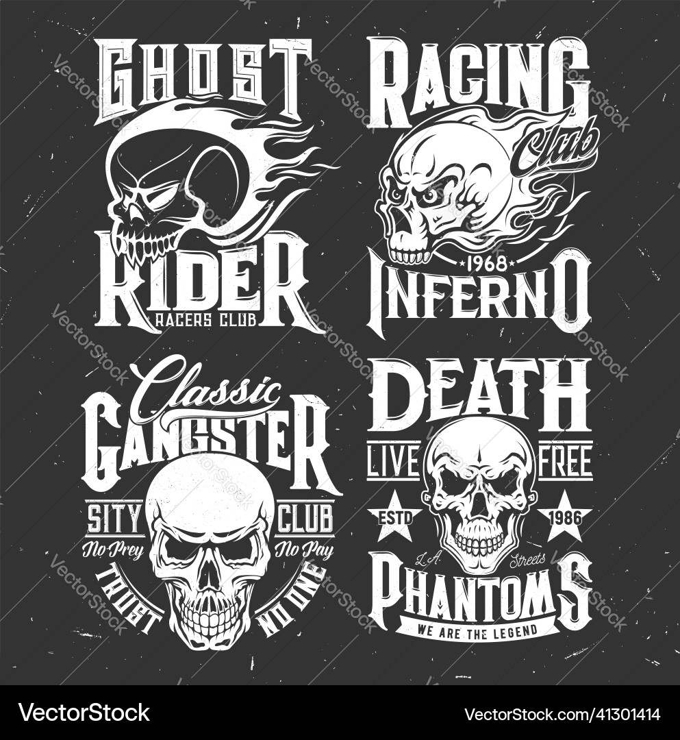 Skull emblems of racing club and biker riders gang Skull emblems of racing club and biker riders gang vector image