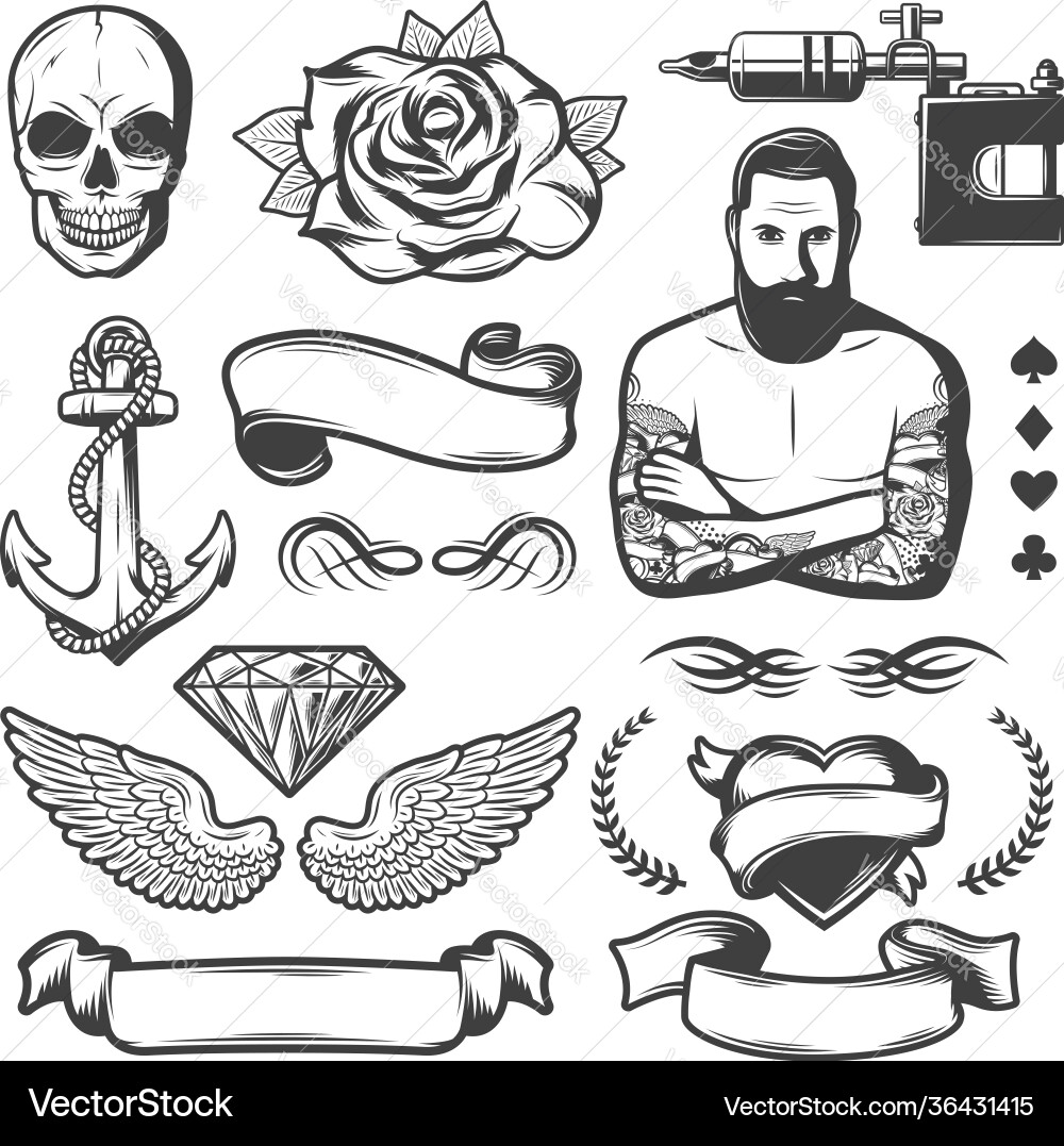 Vintage sketch tattoo studio elements set Vintage sketch tattoo studio elements set vector image
