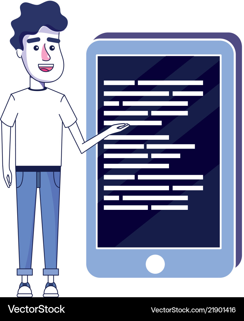 Man with hairstyle and smartphone code programming Vector Image
