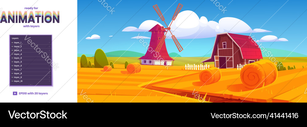 Parallax background with fields barn and windmill Parallax background with fields barn and windmill vector image