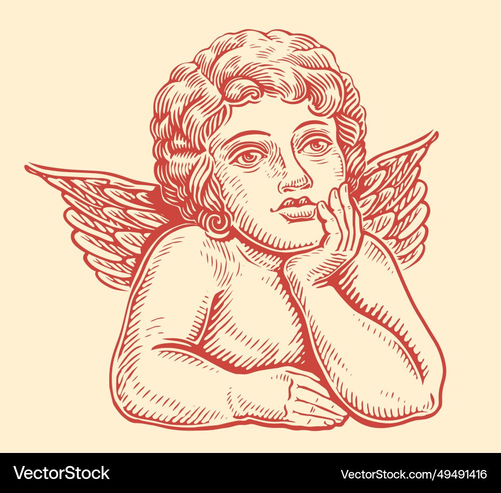 Pensive angel child cute baby with wings hand Pensive angel child cute baby with wings hand vector image