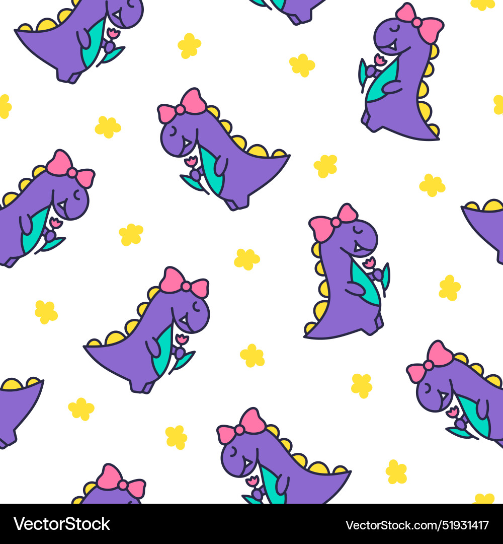 Funny cute girls dinosaurs seamless pattern Funny cute girls dinosaurs seamless pattern vector image