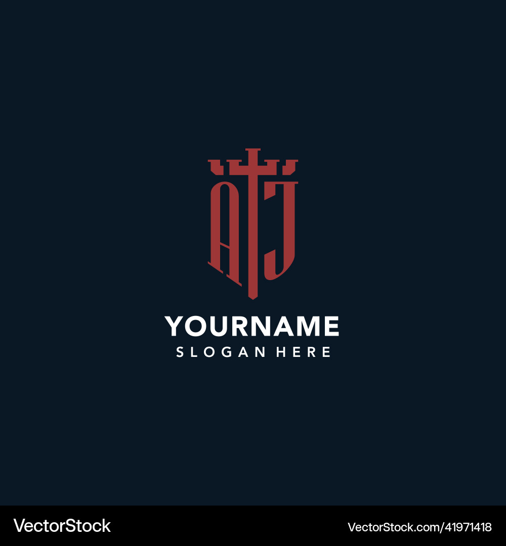 Aj initial monogram logos with sword and shield Aj initial monogram logos with sword and shield Vector Image