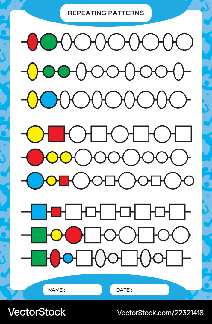 Complete repeating patterns worksheet Complete repeating patterns worksheet vector image