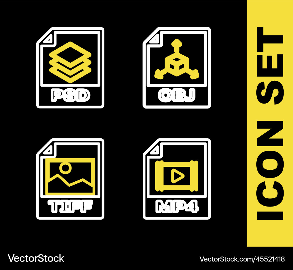 Set line obj file document mp4 tiff and psd icon vector image